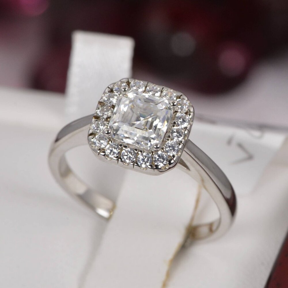 1.0 ct Halo Ascher Cut Moissanite Engagement Ring 925 Sterling
